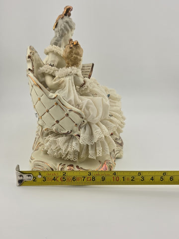 Large Dresden Art Germany Lace Porcelain Figurine Lady w Children W Sofa Reading