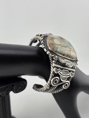 Huge Vintage Oscar Alexius Turquoise Sterling Silver Cuff Bracelet Navajo Signed