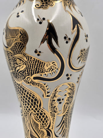 Vintage LOFISA POTTERY VASE 13 1/4" tall Cream w Black & Gold Dragon Theme.