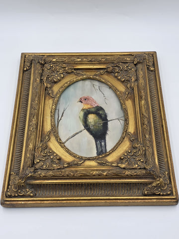 Antique Gilt Baroque Style Wood Framed Bird Painting On Wooden Oval Panel Decor.