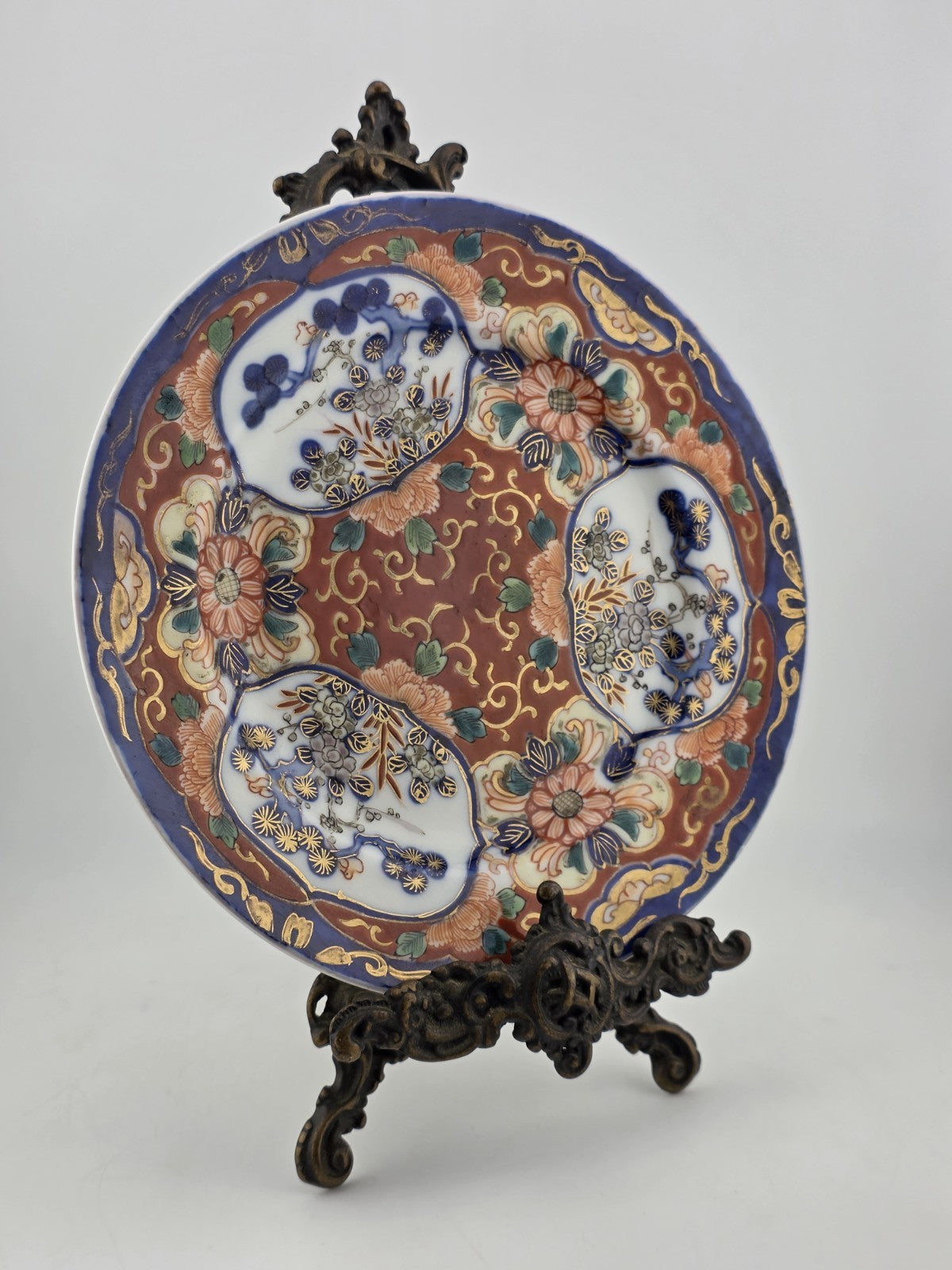 19th C Japanese Imari Plate Meiji Period Red Blue Gold w/ Victorian Brass Easel