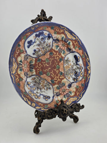 19th C Japanese Imari Plate Meiji Period Red Blue Gold w/ Victorian Brass Easel