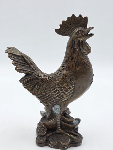 Pair Antique Chinese Bronze Rooster Hen Chicken Figures Qianlong Mark Auspicious