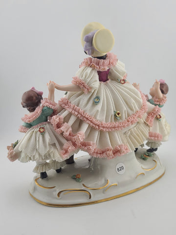 Rare Antique Dresden Porcelain Germany Lace Mother with Daughters and Flowers