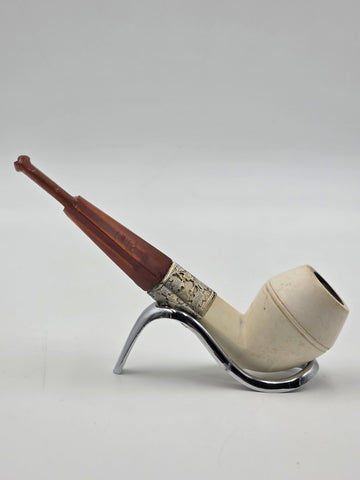 Antique Meerschaum Tobacco Pipe Sterling Silver Mount Cognac Amber Stem c.1890