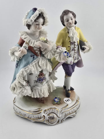 Vintage MCM Volkstedt Dresden Lace Porcelain Figurine GDR Courting Couple Rococo