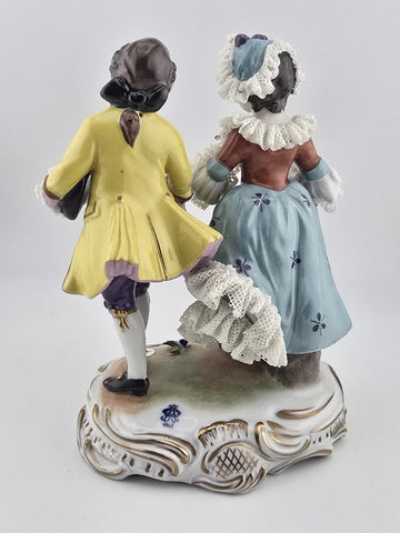 Vintage MCM Volkstedt Dresden Lace Porcelain Figurine GDR Courting Couple Rococo