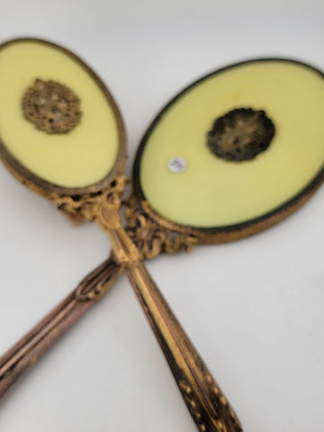 ANTIQUE 19th C Victorian 2-PIECE HANDHELD BRASS MIRROR & BRUSH SET Yellow Enamel