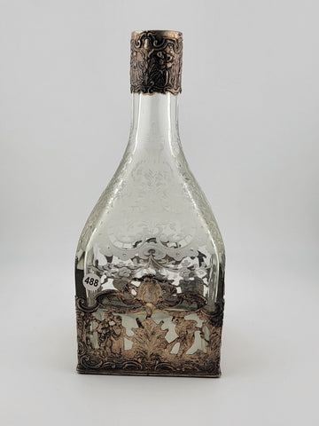 Rare 19th C German Hanau 800 Silver & Etched Crystal Stork & Sinsheimer Decanter