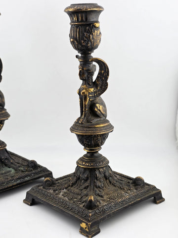 Ultra Rare 19th Century Egyptian Revival Gilt Bronze Sphinx Candlestick Holders