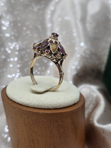 Vintage 14K Gold Multi Gemstone Dome Cluster Ring Garnet Amethyst Citrine Sz 7