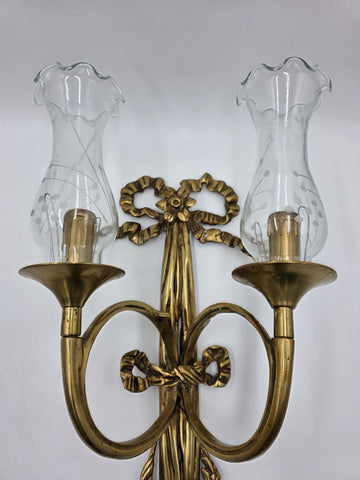 Pair Vintage Louis XVI Style French Ormolu Brass Wall Sconces w/ Etched Glass.