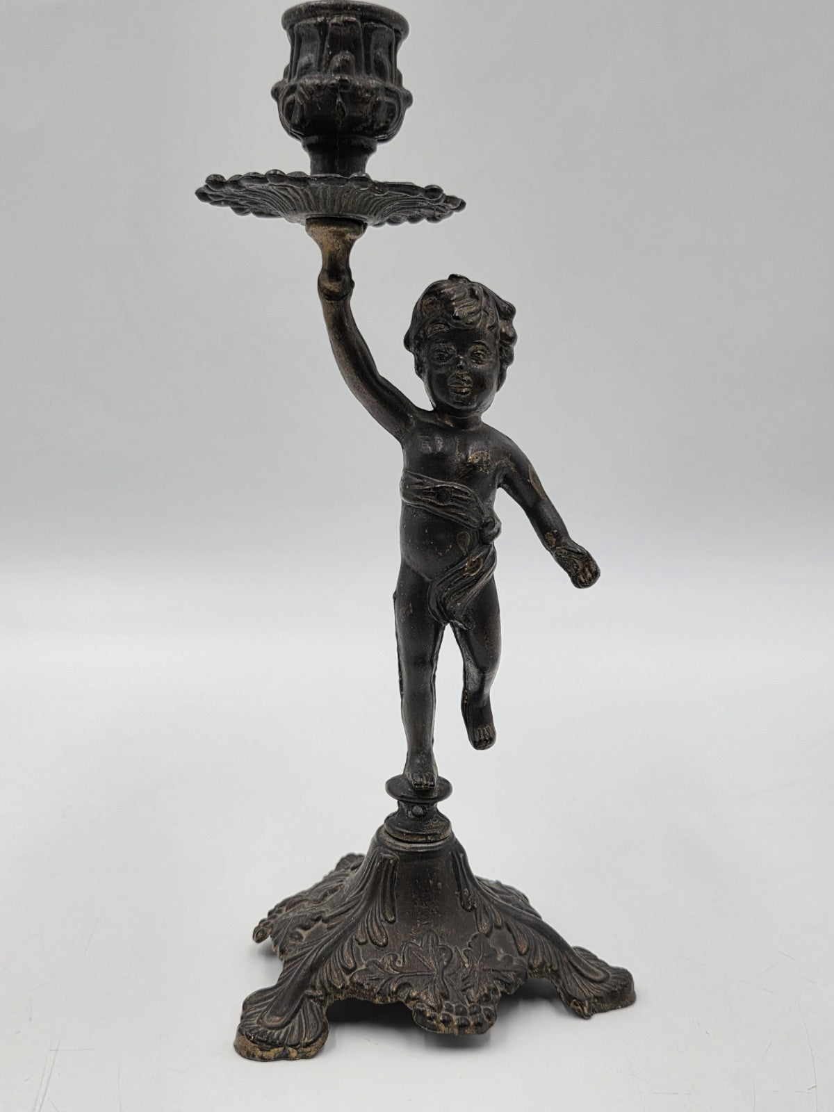 Rare Antique Bronze Brass Putto Cherub Figural Candlestick Rococo 8.5"