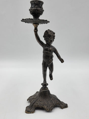 Rare Antique Bronze Brass Putto Cherub Figural Candlestick Rococo 8.5"