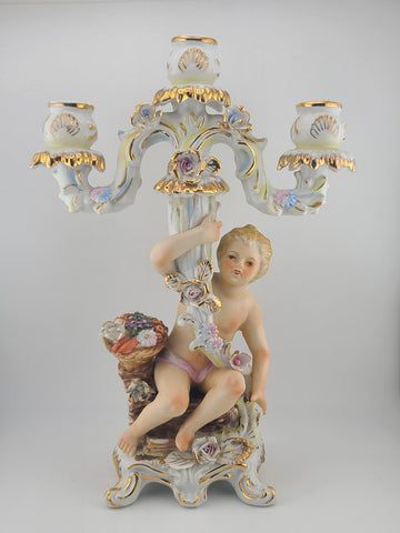Early 20th C Italian OM Porcelain Cherub Figural 3-Light Candelabra Rococo Style