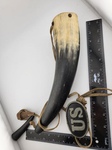 Original Pre-WW1 US Military Large Black Powder Horn & Belt Buckle