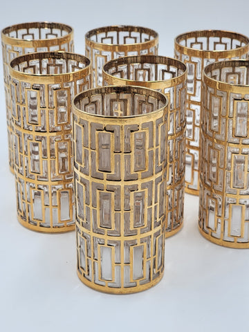 8 Vintage Mid Century Imperial Glass 22k Gold Shoji Trellis Highball Tumblers