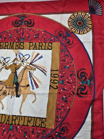 VINTAGE HERMES FEUX D’ARTIFICE FIREWORKS RED SILK SCARF WRAP 1937-1990 34X34
