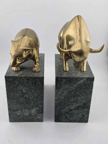Book Ends Stock Market Bull & Bear MCM Brass and Marble Wall Street Bookends