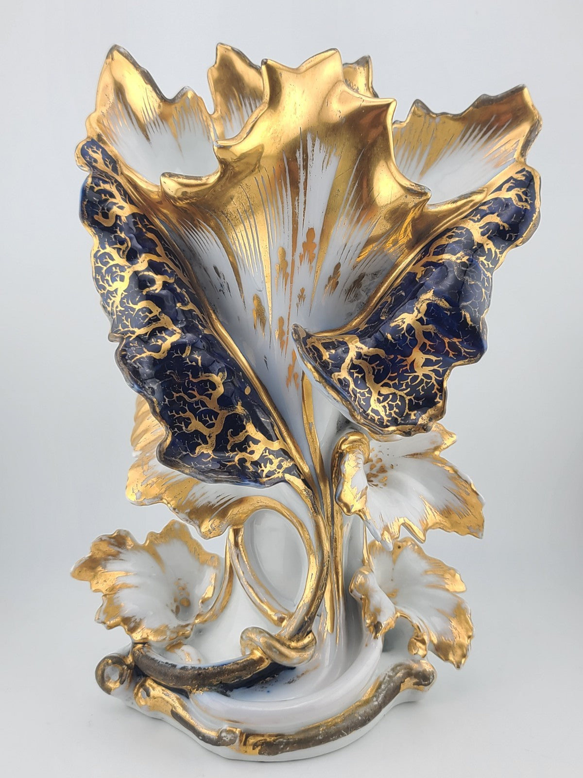 Rare Antique 19th C Porcelain Iris Spill Vase Gold Gilt Cobalt Floral. 11 Inch