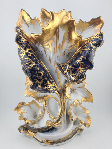 Rare Antique 19th C Porcelain Iris Spill Vase Gold Gilt Cobalt Floral. 11 Inch