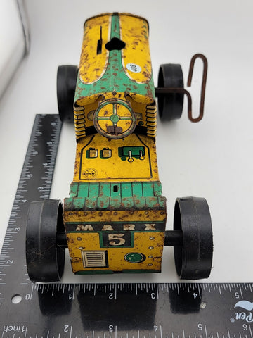Antique Collectible Marx Yellow Green Keywind Tin Tractor No 5 Winds Up & Runs
