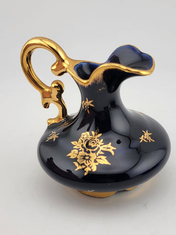Set Of 3 Limoges Castel France Cobalt Blue 22 Karat Gold Pieces Courting Couple.