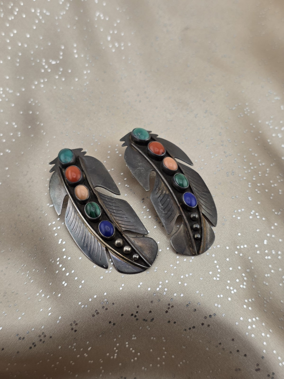 Vintage Navajo Sterling Silver & Gemstone Large Feather Pierced Post Earrings