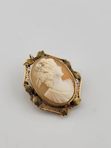 Antique Art Deco 10K Gold Portrait carved shell pendant brooch 1&1/4 inch.