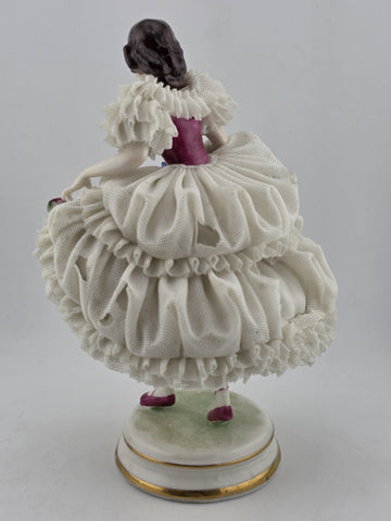 Antique Dresden Lace Porcelain Figurine Lady Dancer Flowers Germany MZ Crown 7”