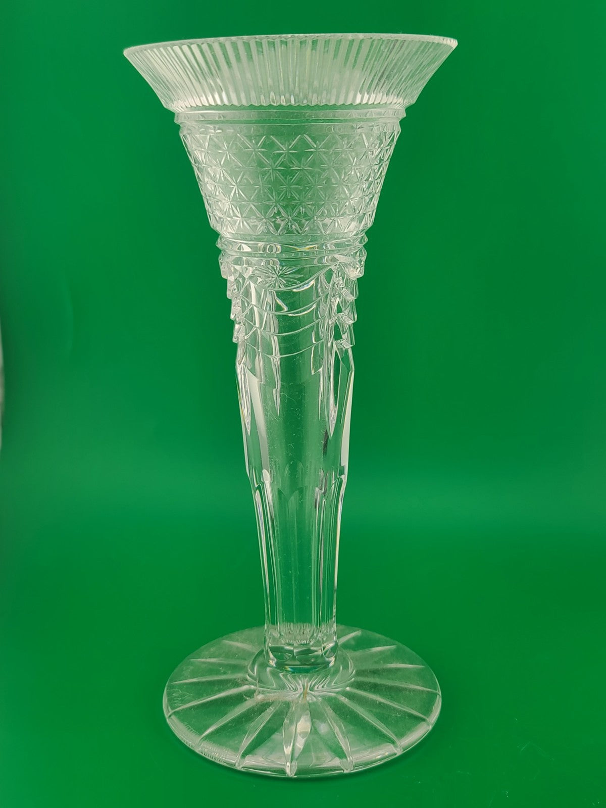 Rare William Yeoward Crystal 8" Trumpet Bud Vase Diamond Cut Fluted Rim England