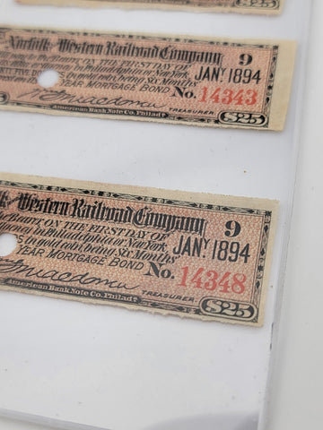 Norfolk & Western Railroad Co Gold Bond Coupons Stamps lot 4. $25 Issued 1894