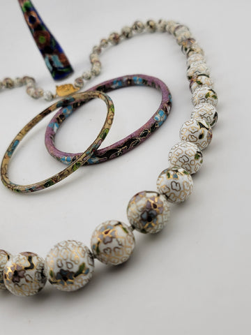 Vintage Elegent Set Of Cloisonne Accessories 2 Bracelets, Necklace & Nail Guard.