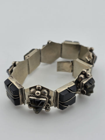 VINTAGE Mexican TAXCO STERLING SILVER 925 BRACELET & Earrings Obsidian Tribal.