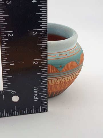 NAVAJO ENGRAVED RED CLAY POTTERY, GLAZED INSIDE VASE. *SIGNED T. TOM DINI "2000"