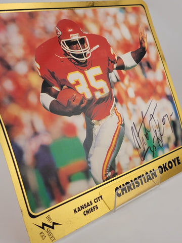 CHRISTIAN OKOYE, 8 x 10 Hand Signed KANSAS CITY CHIEFS Player Bio on Back