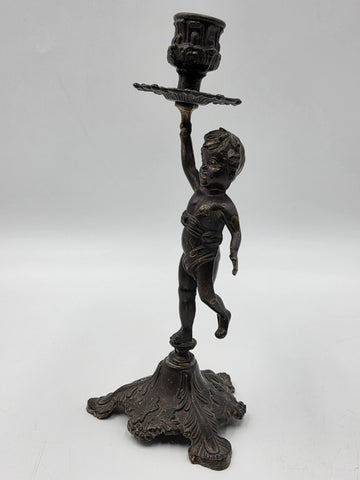 Rare Antique Bronze Brass Putto Cherub Figural Candlestick Rococo 8.5"