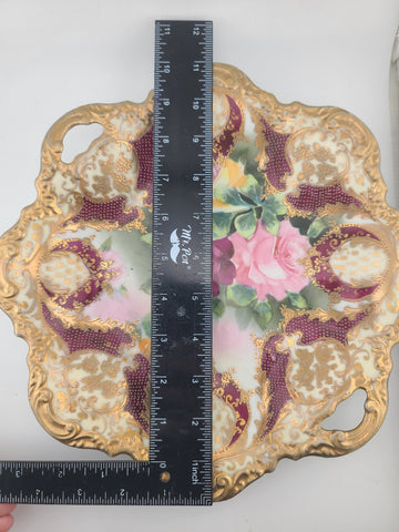 Antique Royal Kinran Nippon HandPainted Platter Moriage Pink Yellow Rose Gold