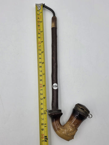 Antique C1890 German Figural Ceramic Tobacco Pipe Long Wood Stem Hinged Wind Cap