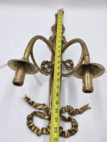 Pair Vintage Louis XVI Style French Ormolu Brass Wall Sconces w/ Etched Glass.