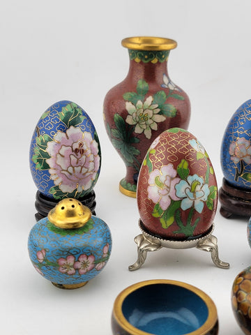 Gorgeous Assortment Of Mid Century  Cloisonne Including Eggs, Vase & Shakers