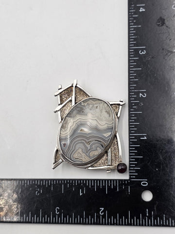 Vintage 925 Sterling Silver Banded Agate Garnet Artisan Brooch Pendant 27.9g