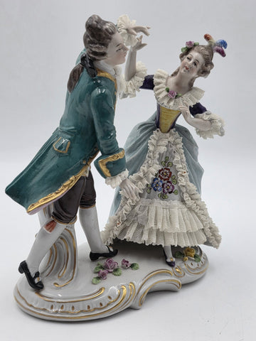 Vintage German Dresden Lace Porcelain Courting Couple Figurine Hand Painted 7.5"