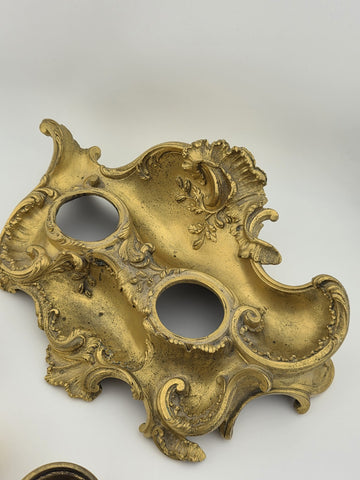 Antique 19th C French Louis XV Rococo Ornate Gilt Bronze Ormolu Inkwell Inkstand