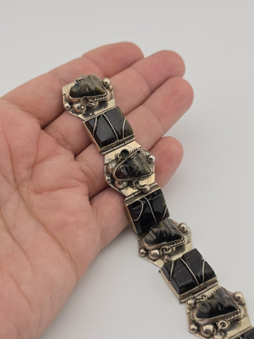 VINTAGE Mexican TAXCO STERLING SILVER 925 BRACELET & Earrings Obsidian Tribal.