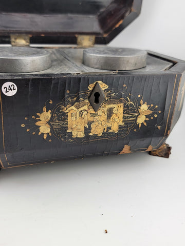 Rare 1800's Antique Chinese Gilt Lacquered Tea Caddy w/ Pewter Containers.