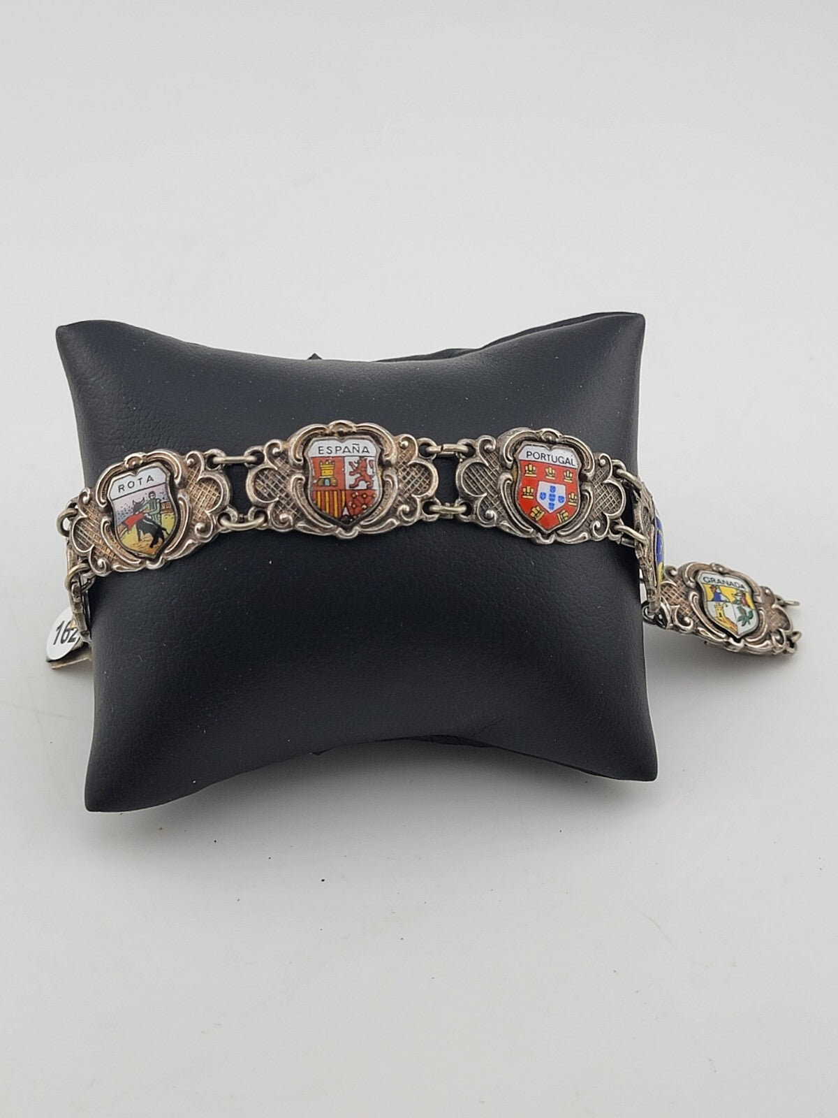 Vintage Silver Pewter &Enamel Souvenir Bracelet Spain & Portugal Shield Flags 8"