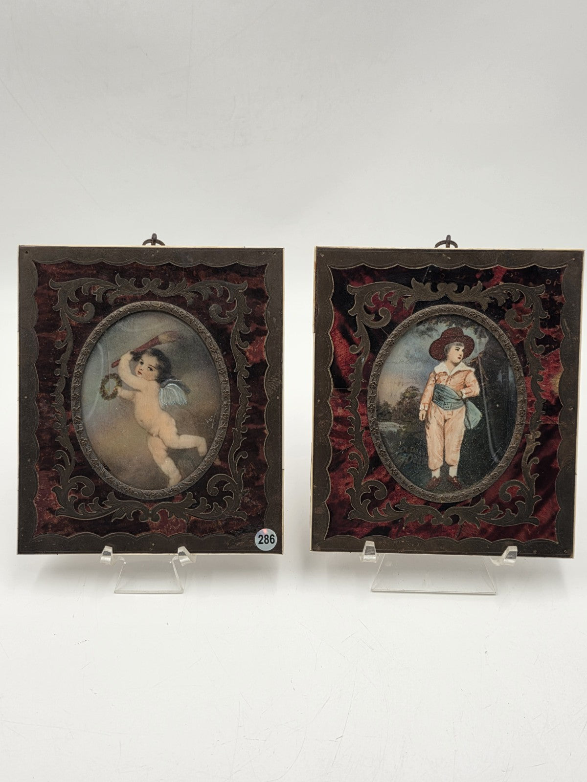 Antique Continental Hand-Painted Portrait Miniatures in Rococo Revival Frame