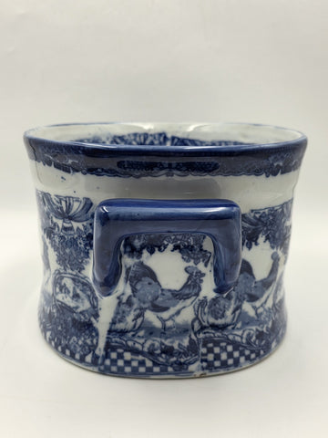 Pair XL Blue White Transferware Cachepot Jardiniere Planters Farm Animal Decor
