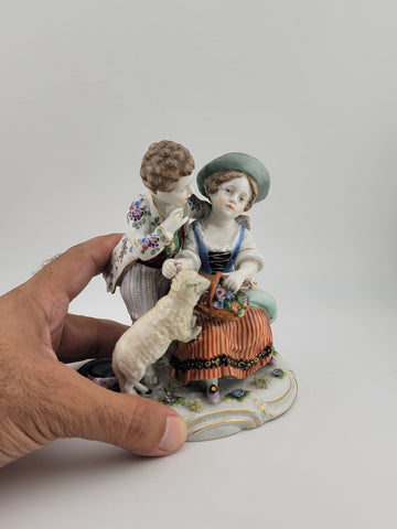 Antique 19th C Wilhelms-Feld Shepherd Children With Sheep Porcelain Figurine.